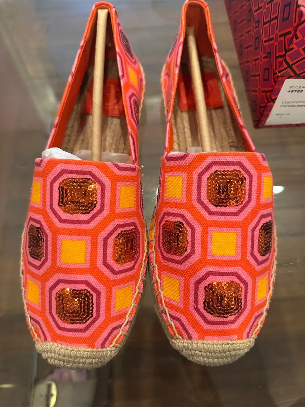 Tory Burch Cecily Embellished Orange & Hot Pink Geometric Sequin Espadrilles